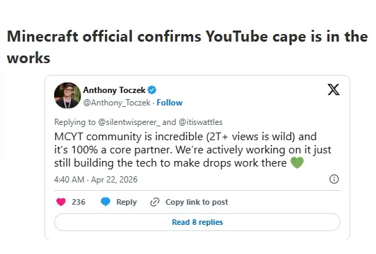 Официальный представитель Minecraft намекнул, что плащ YouTube находится в разработке